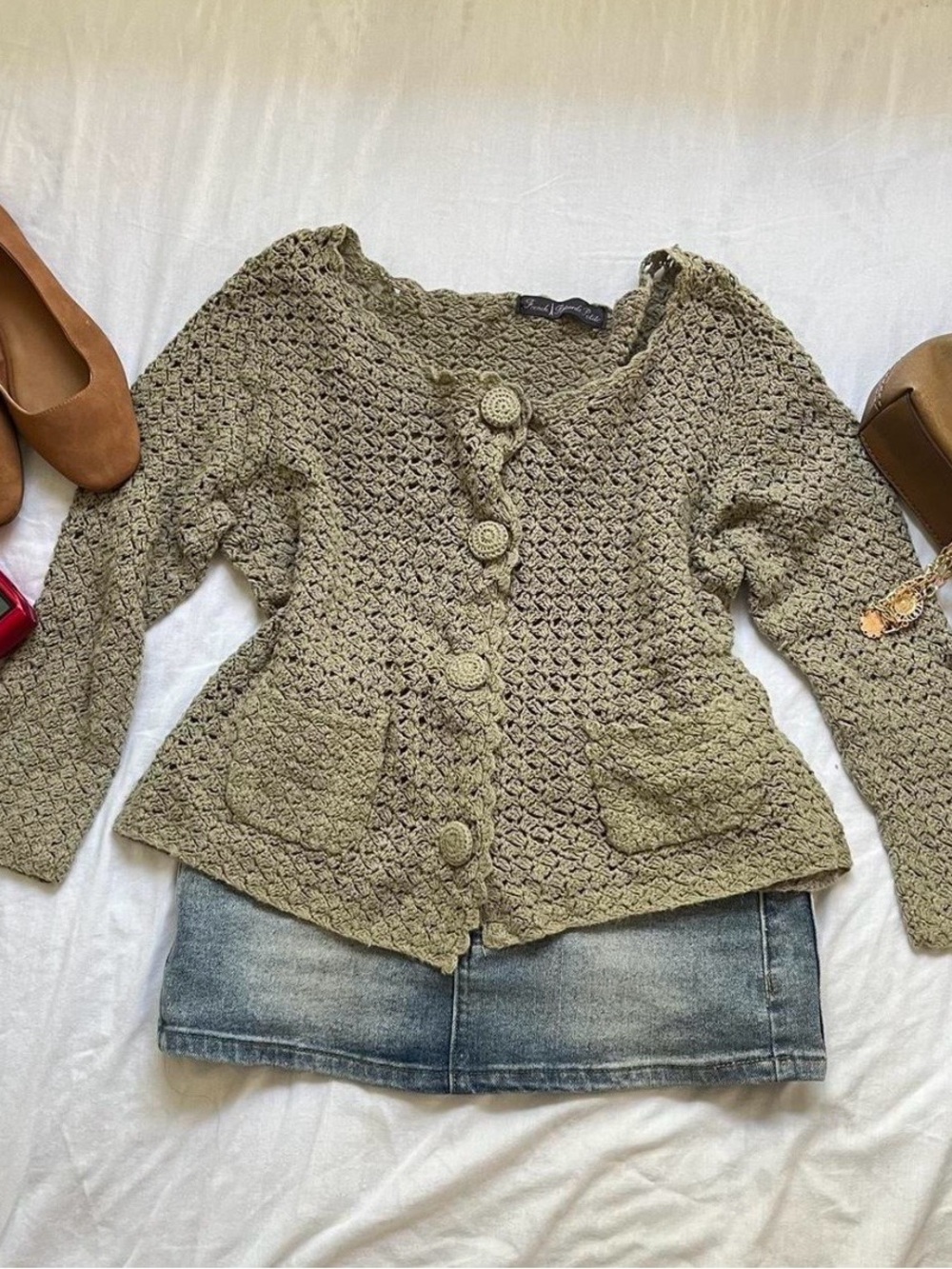 Vintage Olive Green Knit Button-Front Women's Cardigan